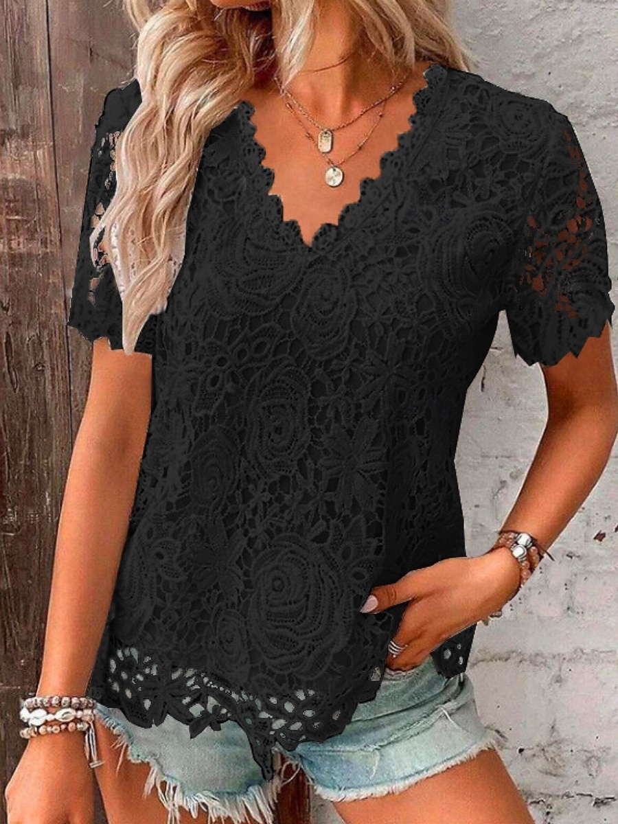 T-shirt pour femmes couleur unie graphique simple mode moderne décontracté à manches courtes col en V hauts réguliers quotidiens week-end dentelle patchwork noir blanc rose rouge été de 2025 ? $19.99 –P2