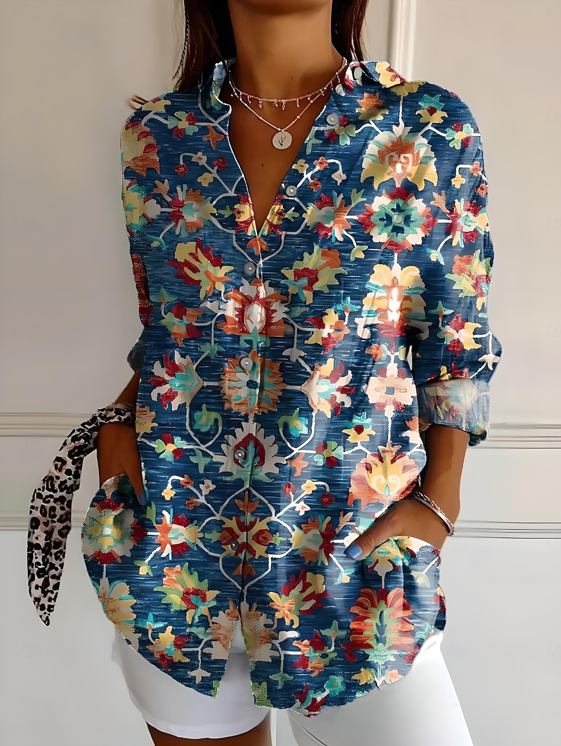 Camicia da donna a maniche lunghe bottone giù blusa floreale grafica geometrica casual colletto regolare top da lavoro quotidiano vacanze bottoni stampa denim blu nero arancione azzurro estate del 2025 a $32.99 –P4