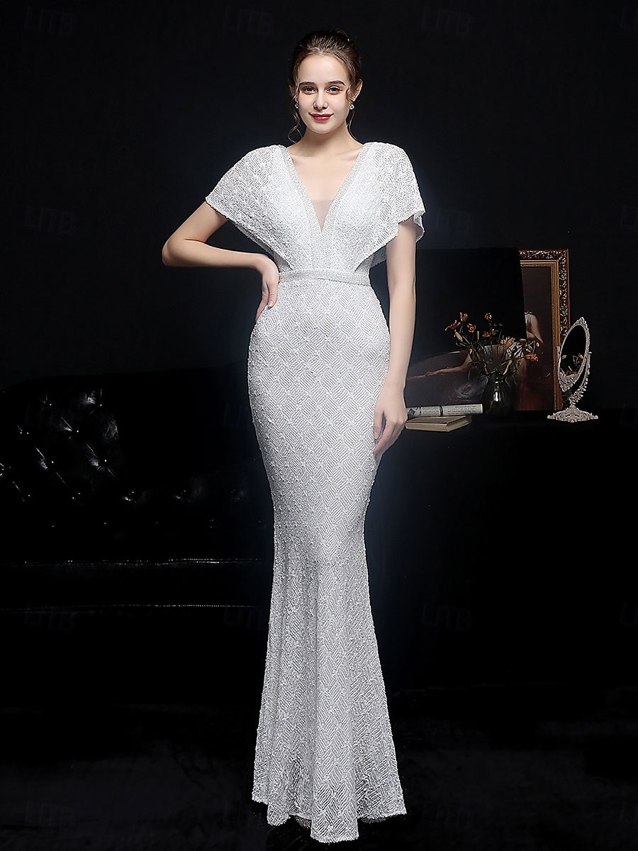 Mermaid trumpet quinceanera kjoler elegant kjole formell bryllup gulvlengde kortermet V-hals paljett med paljett 2025 - $79.99 –P11