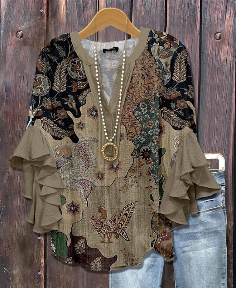 Dámská retro blůza s vrstvenými volány vintage květinová grafika bohémská vintage každý den 3/4 délka rukávu klasické topy na běžné nošení prázdninové oblečení tisk bílá modrá hnědá léto jaro 2025 - $29.99 –P1