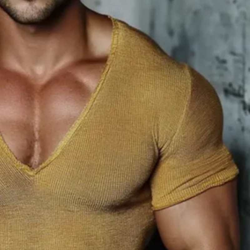 Férfi Kötött póló Tee Top Cotton Blend póló Rövid ujjú V-alakú Nyár Tömör szín Divat Dizájn Alap Kötött Vakáció Utca Hétköznapi Sárga Bézs Világoskék Férfi felső póló 2025 - $17.99 –P2