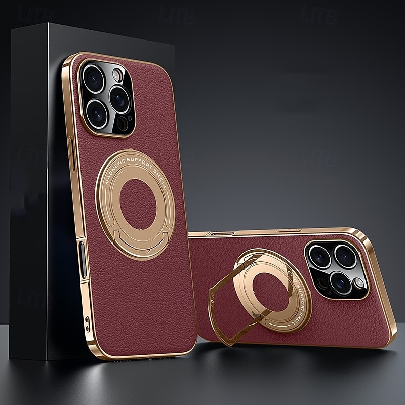 Magnetic Leather Phone Case for iPhone 16/15/14/13 Pro Max – Shockproof Back Cover with Ring Kickstand, Wireless Charging Support 2025 - $27.99 –P9