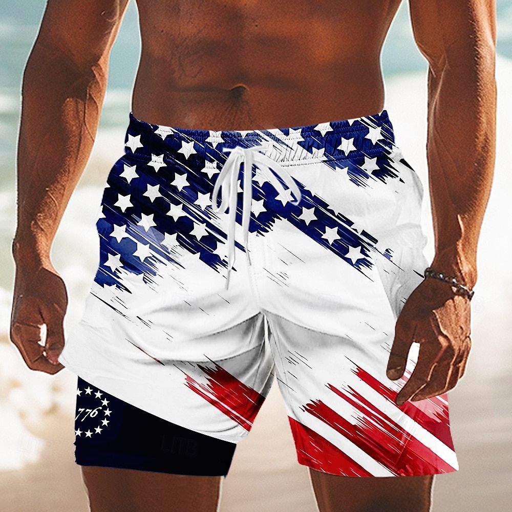 Independence Day Men's US Flag Patriotic Fourth of July Lined Shorts 2 in 1 Board Shorts Swim Trunks Mid Waist Holiday Side Pockets With Compression Liner Elastic Drawstring Waist Designer Clothing 2025 - $21.99 –P3