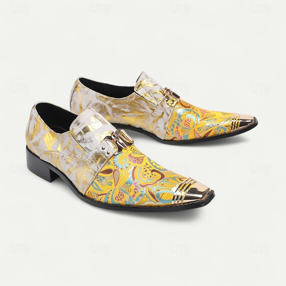 Men's Gold and White Floral Design Dress Shoes–Elegant Formal Footwear for Weddings and Gala Events 2025 - $119.99 –P7