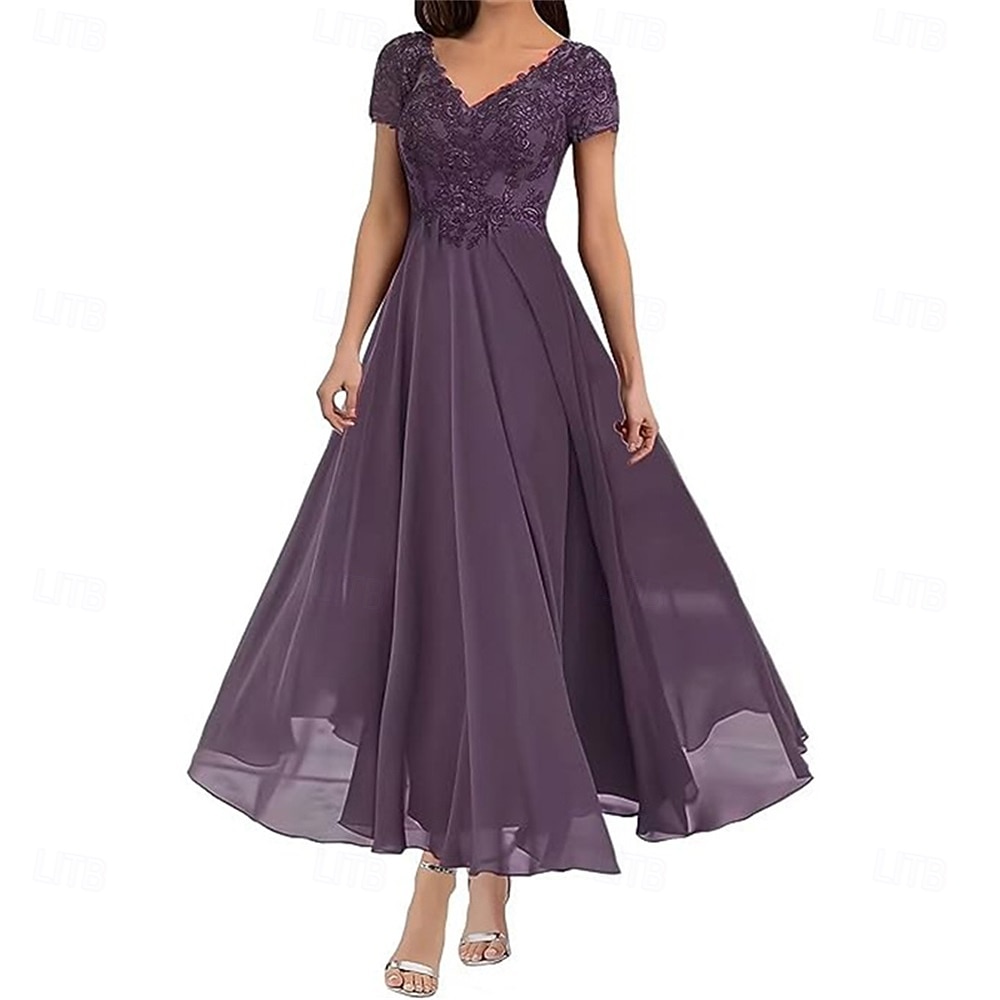 A-Linie Brautmutterkleid Elegant V Ausschnitt Bodenlang Polyester Kurzarm mit Einfarbig 2025 2025 - $119.99 –P17