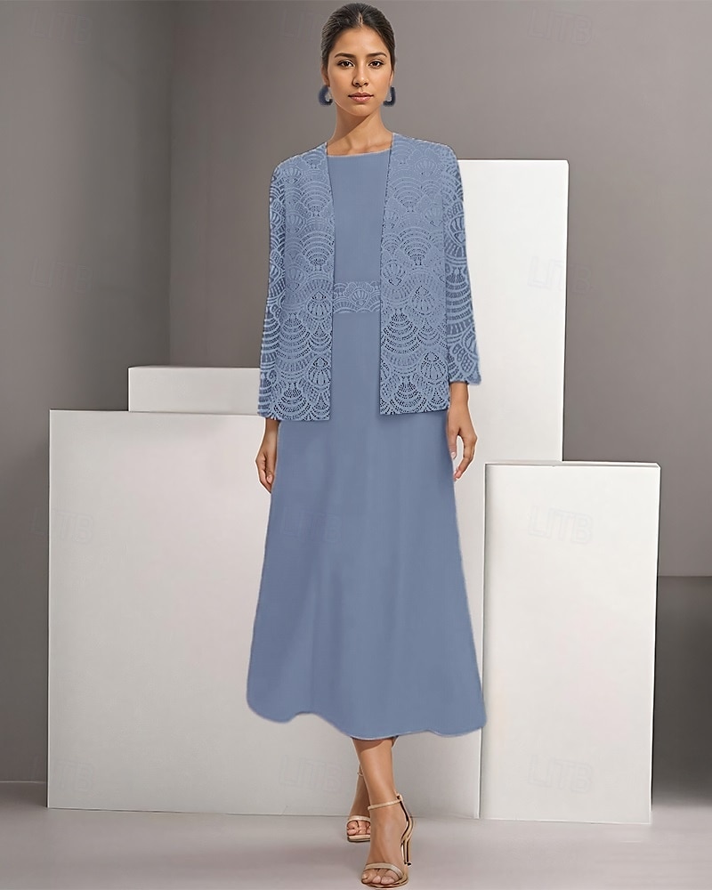 Zweiteiliges A-Linie Mutter der Braut Kleid Elegant Einfach Lässig Bootsausschnitt Knöchellang Chiffon Lange Ärmel mit Spitze 2025 - $132.99 –P3