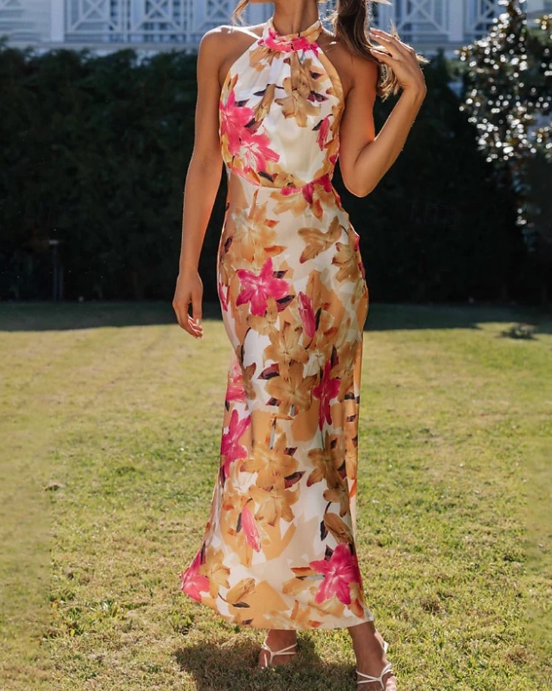 Women's Long Dress Maxi Dress Floral Dress Halter Neck Dress Fashion Modern Vacation Going out Weekend Regular Fit Flower Sleeveless Halter Neck Yellow Pink Green Summer 2026 - $27.99 –P9