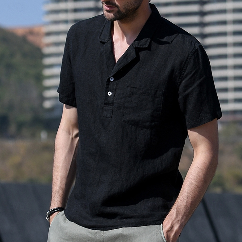 Men's Shirt Linen Shirt Popover Shirt Summer Shirt Beach Wear Casual Shirt Solid Color Vacation Street Black White Yellow Green Short Sleeve Shirt Collar Summer Spring Clothing Apparel Pocket 2025 - $20.99 –P4