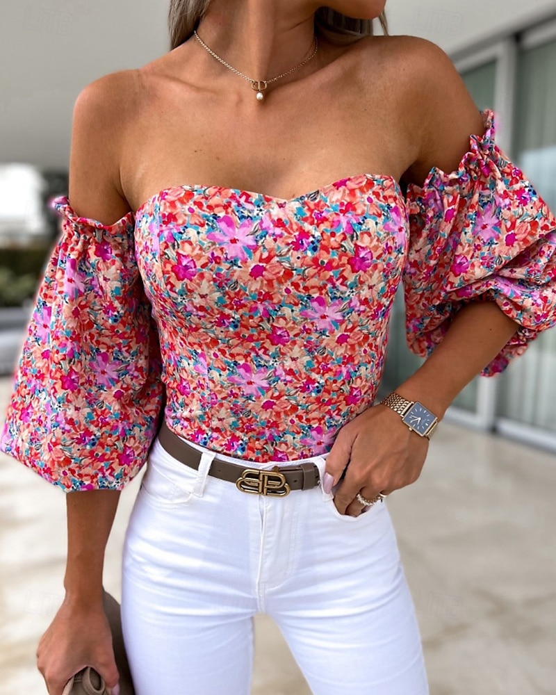 Damen Boho-Hemd Bluse Blume Modern Boho Langarm Schulterfrei Normale Oberteile Täglich Ausgehen Druck Erröten Sie Rosa Rosa Wein Rote Purpur Sommer 2025 - $21.99 –P12