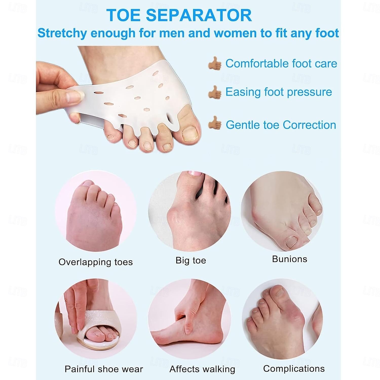 2 par silikon tåseparatorer, hallux valgus-korrigeringskudde, metatarsalskydd, andningsbara mjuka gelkuddar för män kvinnor, räta ut överlappande tår, justera krokiga tår 2025 - $8.99 –P2