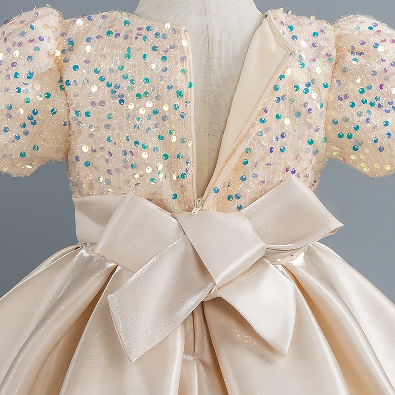 Tout-petit Fille Robe de Soirée Paillettes Manche Courte Mariage Soirée Paillettes Fermeture éclair Noeud de cravate Actif Adorable Polyester Mi-long Robe de Soirée Été Printemps Automne 4-7 ans de 2025 ? $30.99 –P5