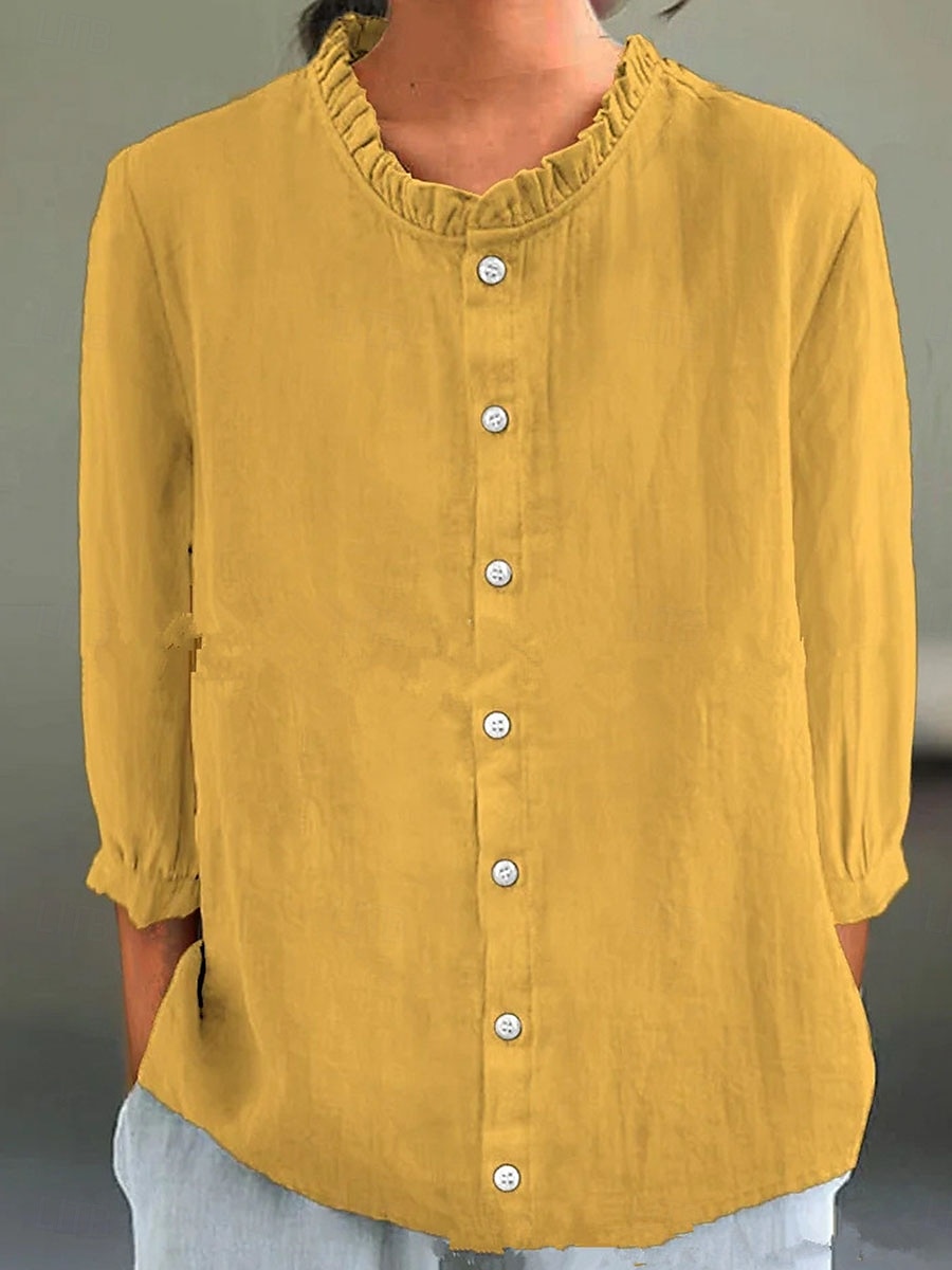 Women's Cotton Linen Blouse Solid Color Elegant Stylish Casual 3/4 Length Sleeve Crew Neck Regular Tops Daily Holiday Buttons Black White Yellow Pink Blue Summer 2025 - $26.99 –P2