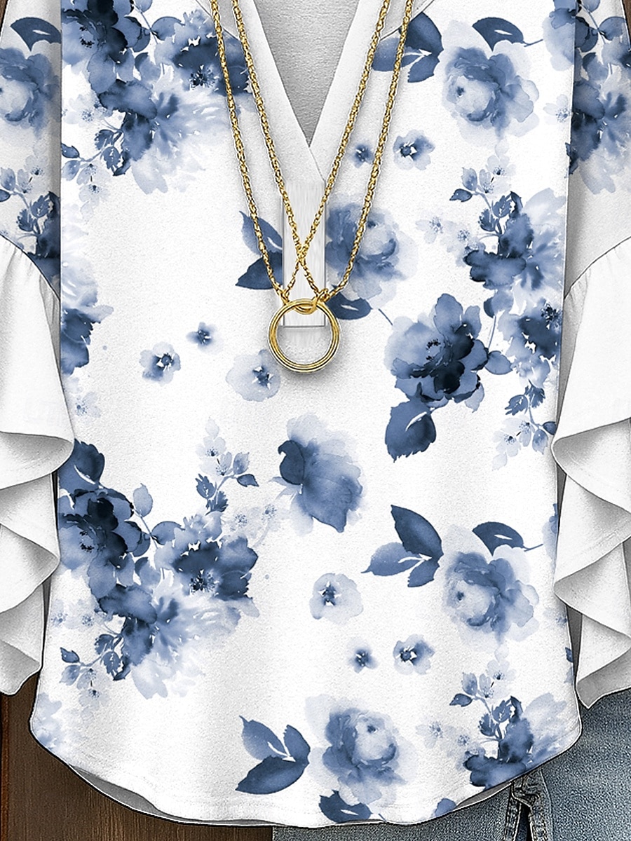 Blusa da Donna con Maniche a Ruffle a Strati Grafica Floreale Elegante Bohemia Vintage Maniche a 3/4 Collo a V Maglietta Regolare Abbigliamento Estivo Primaverile per Vacanze Stampa Gialla Rossa Blu del 2025 a $29.99 –P3