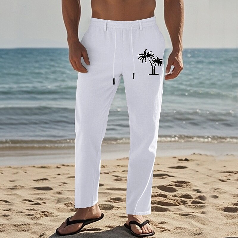 Férfi Vászon nadrág Nadrág Nyári nadrág Strand nadrág Zseb Zsinór Rugalmas derék Kókuszfa Mokaszinok Légáteresztő Vakáció Napi Szabadság Hawaii Boho Fekete Fehér 2025 - $25.99 –P8