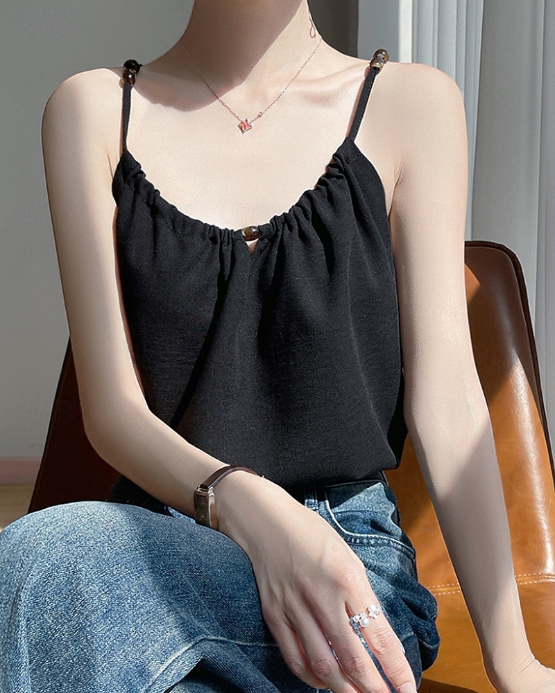 Per donna Camicie di cotone e lino Set ispirati al lino Blusa Semplice Moderno Casual Senza Maniche Spallina Top Regolari Quotidiano Ferie Uscire Arricciato Nero Beige Estate del 2025 a $36.99 –P7