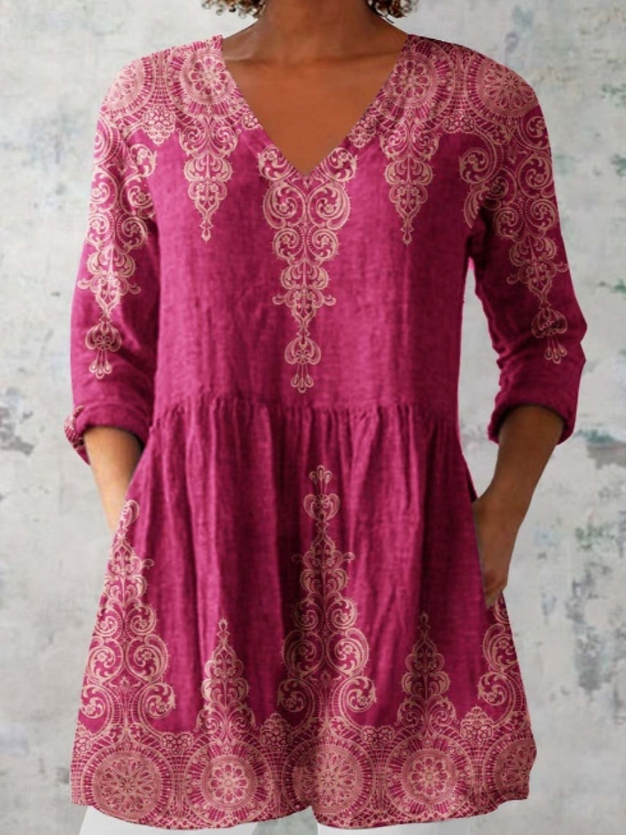 Women's Blouse Floral Graphic Bohemia Vintage Casual Long Sleeve V Neck Regular Tops Daily Going out Pocket Print Wine Blue Fuchsia Green Light Blue Summer 2025 - $29.99 –P3
