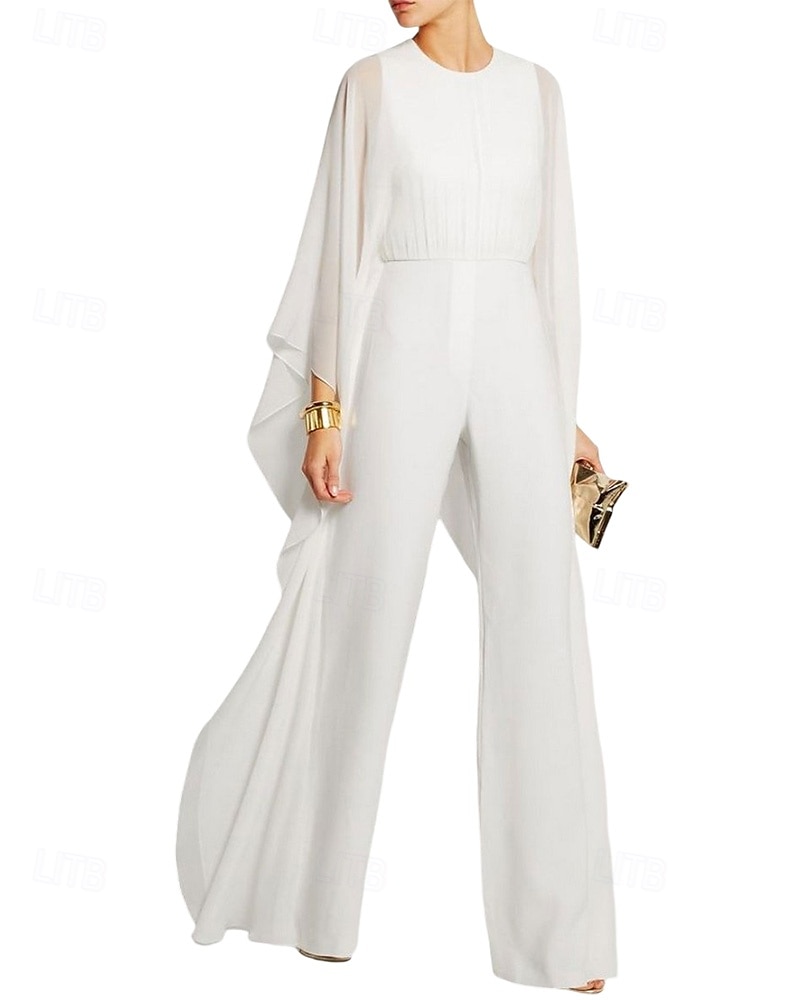 Combinaison cape  pantalon Robe mère de la mariée Élégante Simple Minimaliste Col rond Longueur de sol Chiffon Manches 3/4 avec fronces de 2025 ? $139.99 –P7