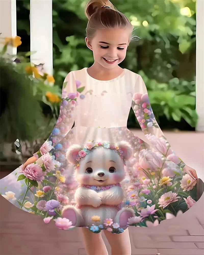 Girls' 3D Floral Animal Dress Long Sleeve Summer Spring Vacation Daily Holiday Princess Beautiful Sweet Kids 4-12 Years Casual Dress A Line Dress Knee-length Regular Fit 2025 - $16.99 –P1