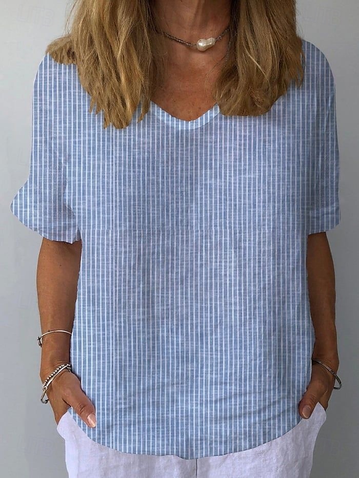 Per donna Camicia Grafico Geometrico A righe Elegante Classico Casual Manica Corta Scollo a V Top Regolari Quotidiano Abbigliamento mare Abbigliamento da vacanza Stampato Verde chiaro Blu Grigio del 2025 a $19.99 –P1
