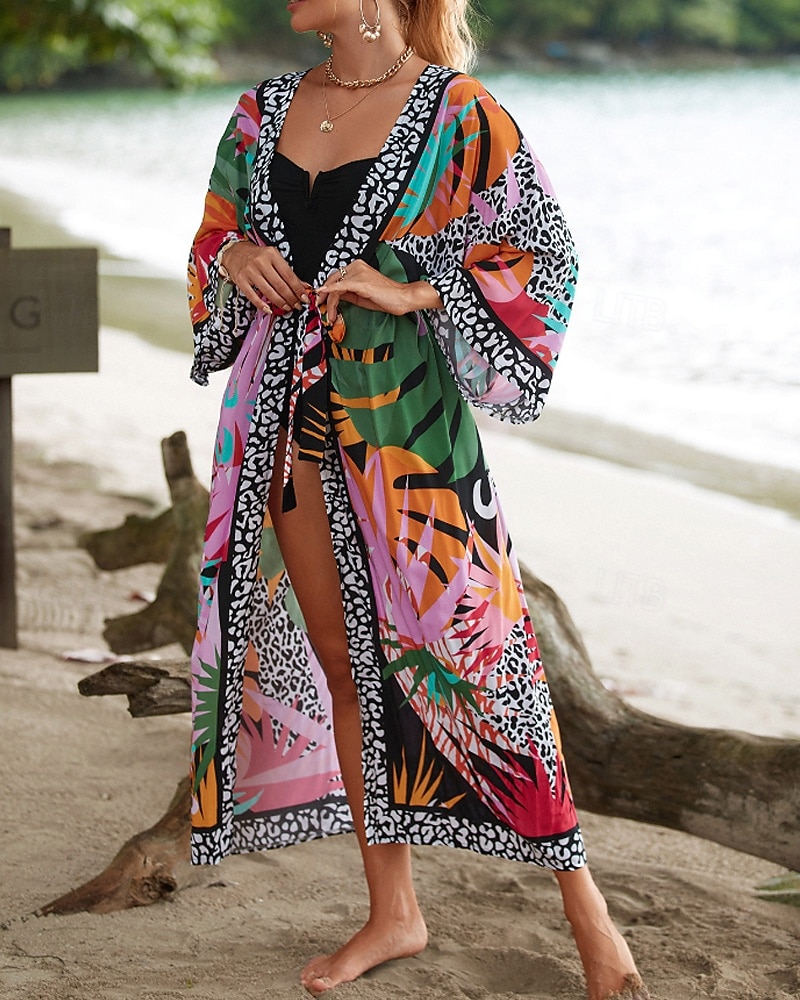 Жен. Купальники Накидка купальник галстук спереди тропический Одежда для пляжа Цветы V-образный вырез Длинный рукав Купальники 2026 - $25.99 –P5