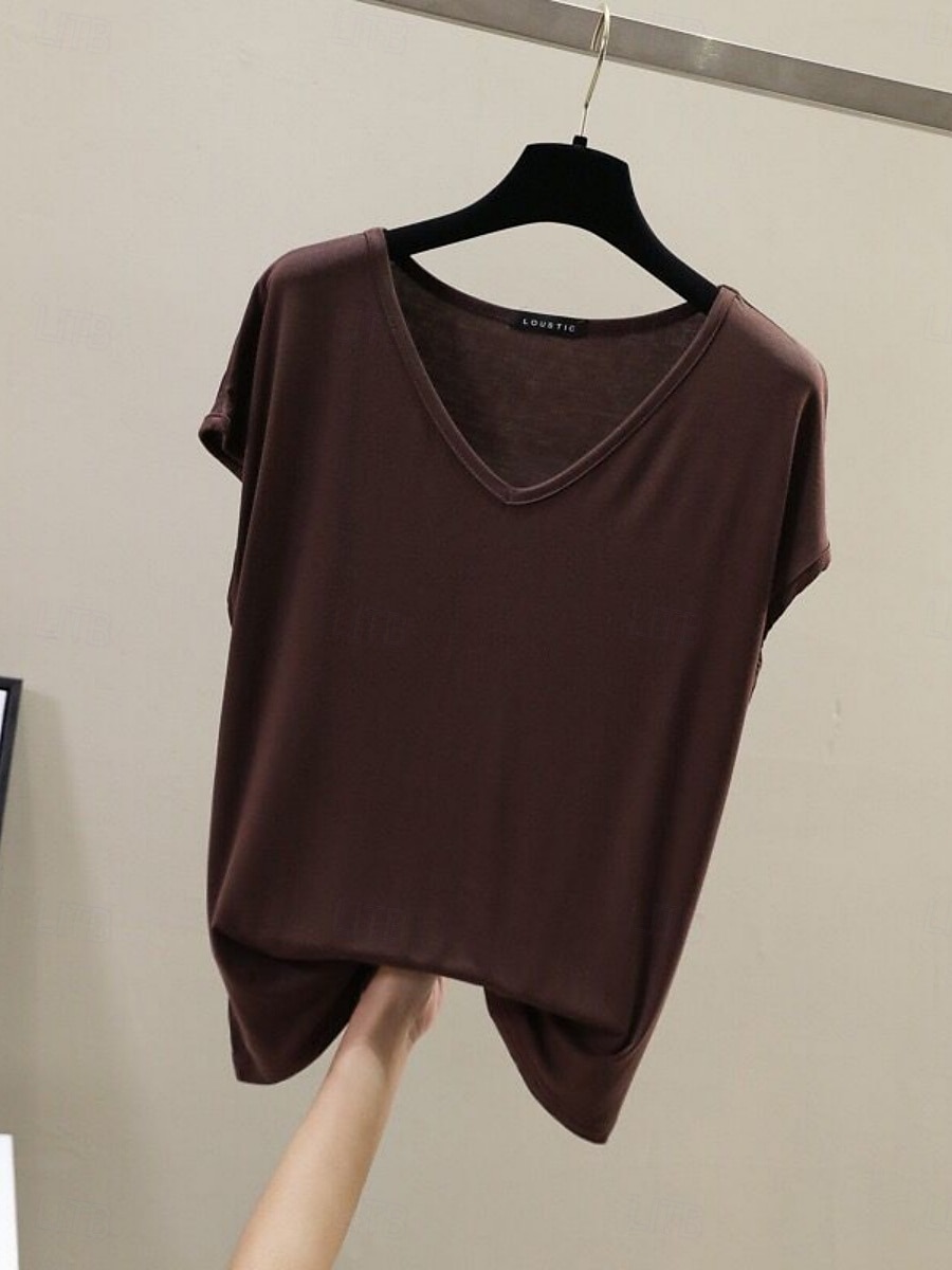 Dame Bluse Helfarge Stilfull Fritid Kortermet V-hals Vanlige topper Daglig Svart Hvit Rosa Rød Marineblå Sommer Vår 2025 - $15.99 –P2