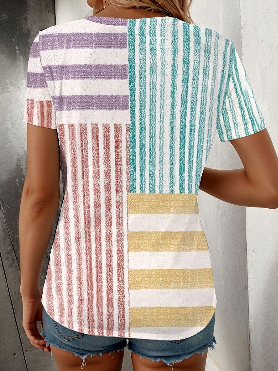 Femmes T-shirt Graphique Rayé ancien Élégant Classique Manche Courte Col ras du cou Hauts Réguliers Quotidien Week-end Imprimé Jaune Bleu Violet Vert Été de 2025 ? $19.99 –P2