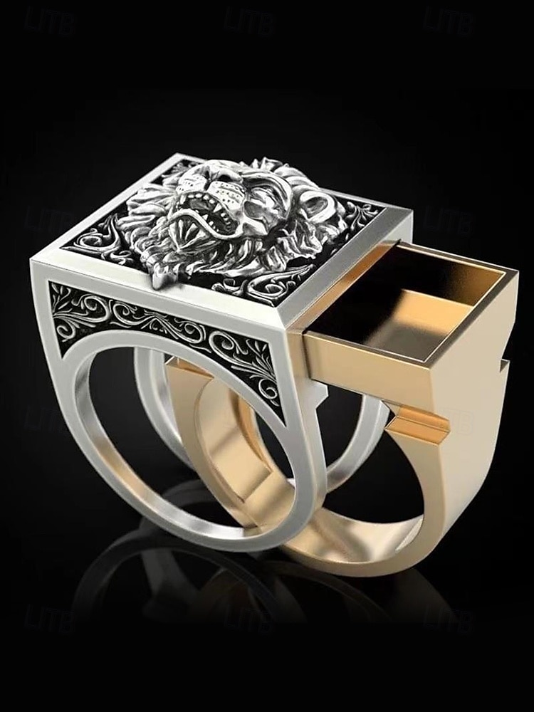 Heren statement leeuwenkop ring met uittrekbaar detail en vierkant design, modieuze statement sieraden voor casual en formele gelegenheden 2025 - $7.99 –P3