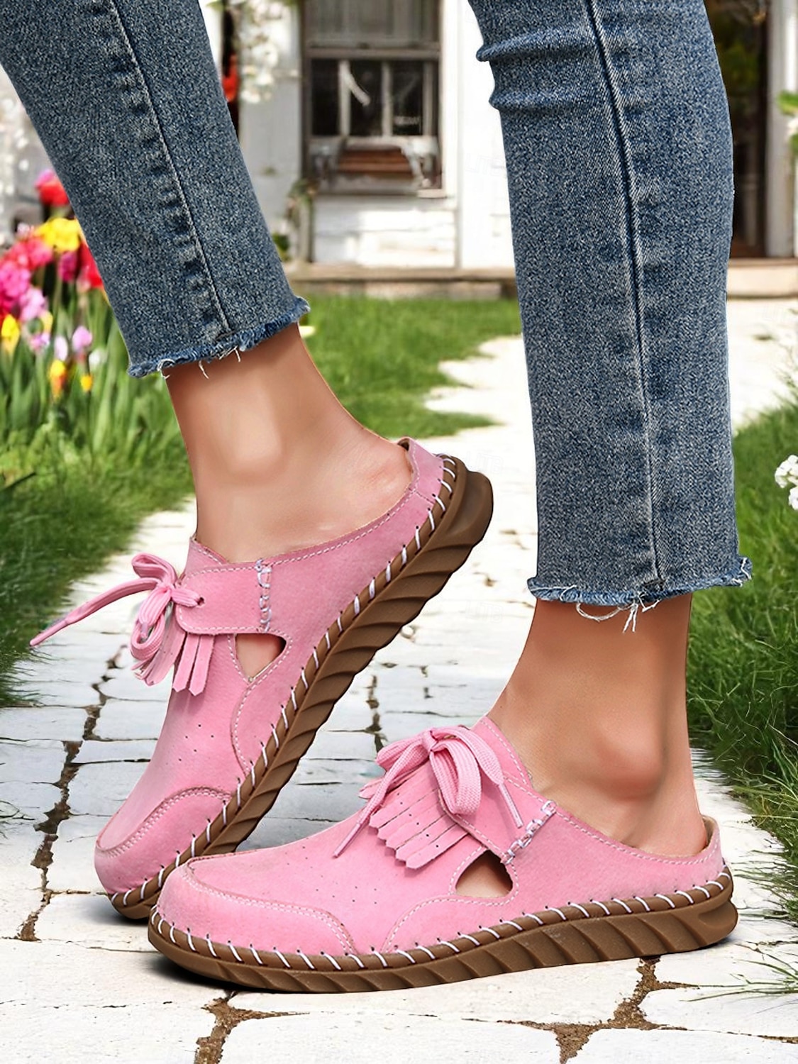 Women's Soft Sole Moccasin Mules– Pink Loafers with Fringed Detail, Lightweight Slip-On Design with Cutouts, Perfect for Garden Strolls and Casual Outings 2025 - $32.99 –P10