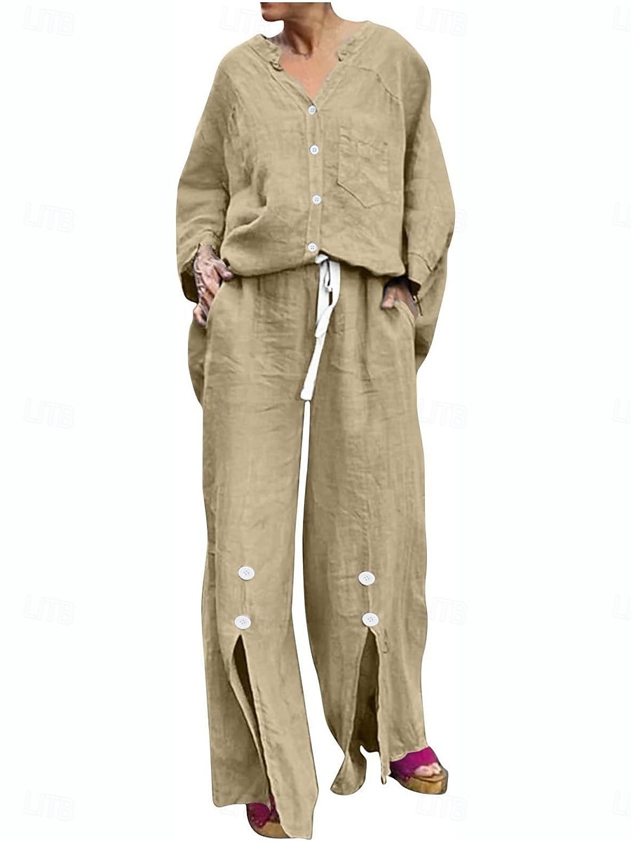 Femmes Actif Basique Ensembles en coton et lin manche longue Col en V Couleur Unie Décontracté Quotidien Noir Blanche Jaune Été Coupe régulière de 2025 ? $28.99 –P11