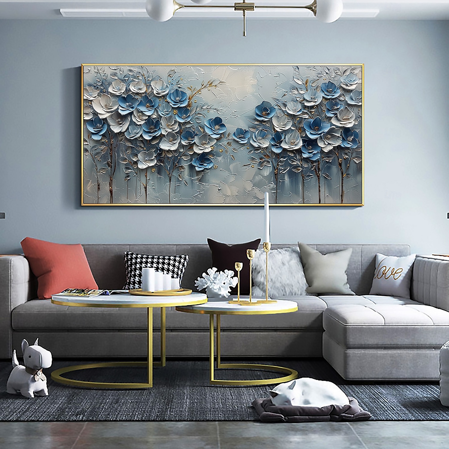 Peinture à l'huile originale faite à la main de fleurs bleues sur toile, art mural abstrait de paysage d'arbre pour la décoration intérieure avec cadre tendu sans cadre intérieur de 2025 ? $131.99 –P8