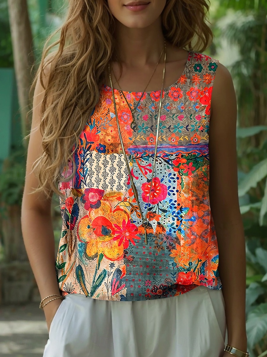 Dame Camisole Tank Top Blomstret Grafisk Elegant Bohem Årgang Ermeløs Crew-hals Vanlige topper Svart Oransje Sommer Vår 2025 - $19.99 –P1