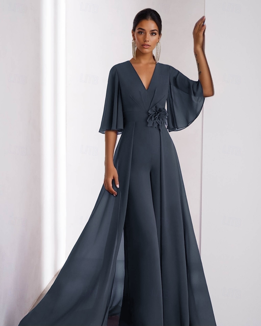 Overal pro matku nevěsty Šaty pro svatební hosty Elegantní vintage V výstřih podlahové délky chiffon s krátkým rukávem s nařasenými volánky 2025 - $134.99 –P6