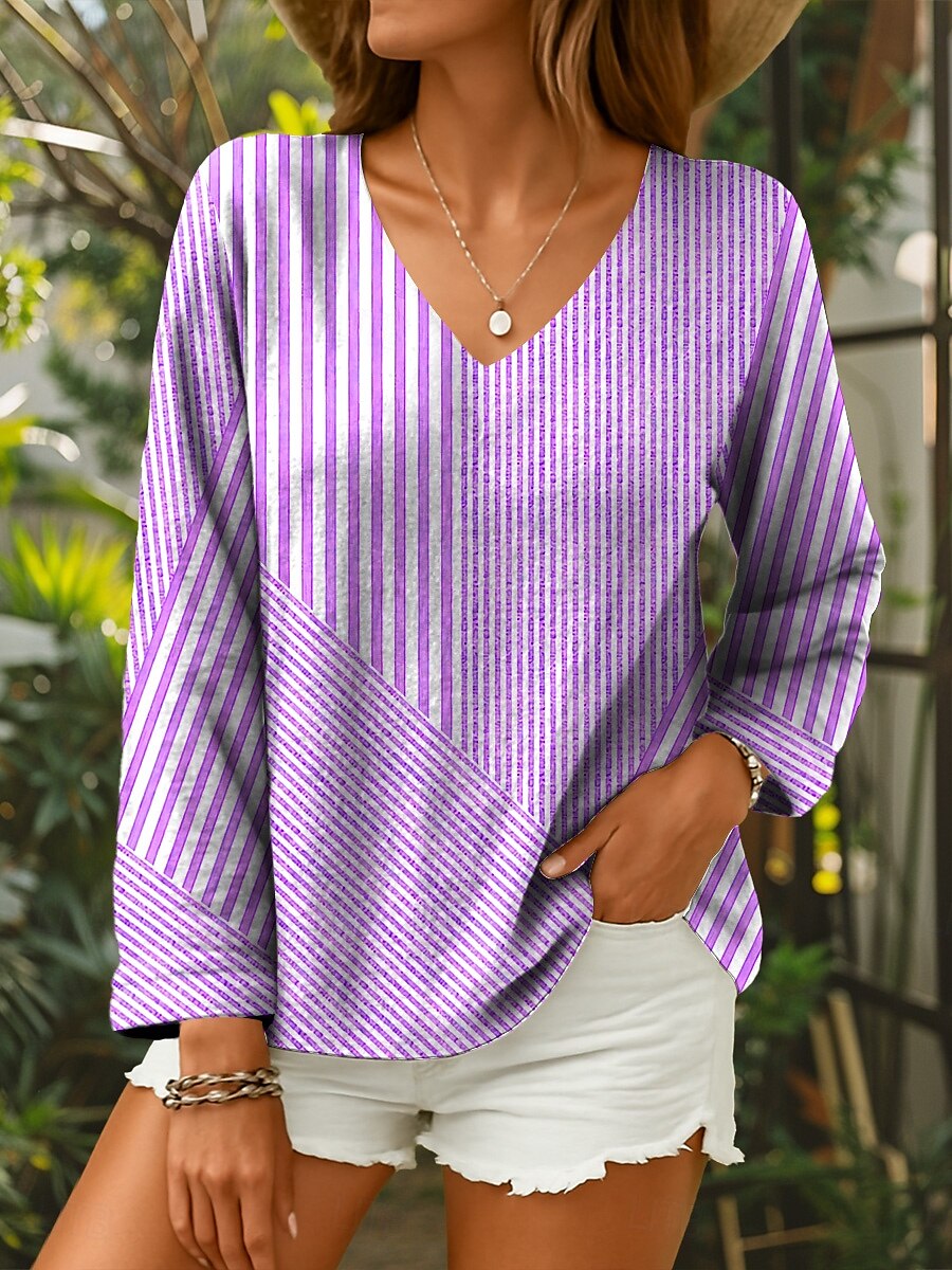 Dames Blouse Grafisch Geometrisch Gestreept Elegant Tropisch Dagelijks Lange mouw 3/4 mouw V-hals Normale tops Dagelijks Blozend Roze blauw Paars Groen Zomer Lente 2025 - $24.99 –P4