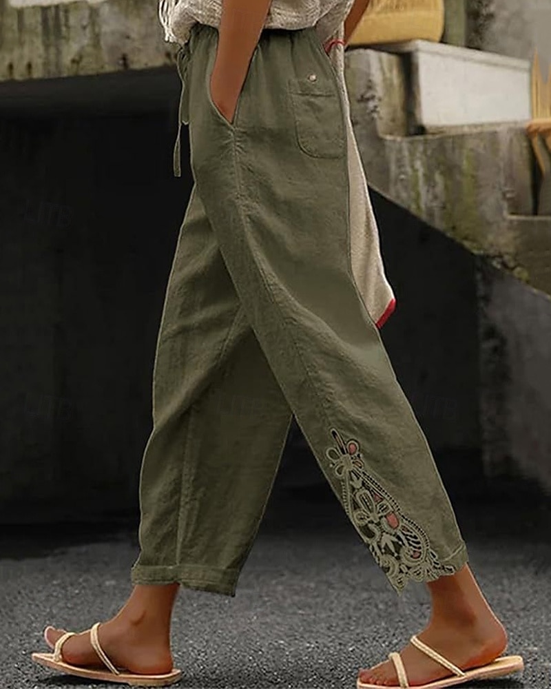 Women's Poly-Cotton Linen Texture Pants Cropped Pants Fashion Streetwear Comfort Ankle-Length Mid Waist Plain Lace Comfy Comfortable Street Daily Wear Going out Black White Blue Green Summer Regular 2025 - $14.49 –P10