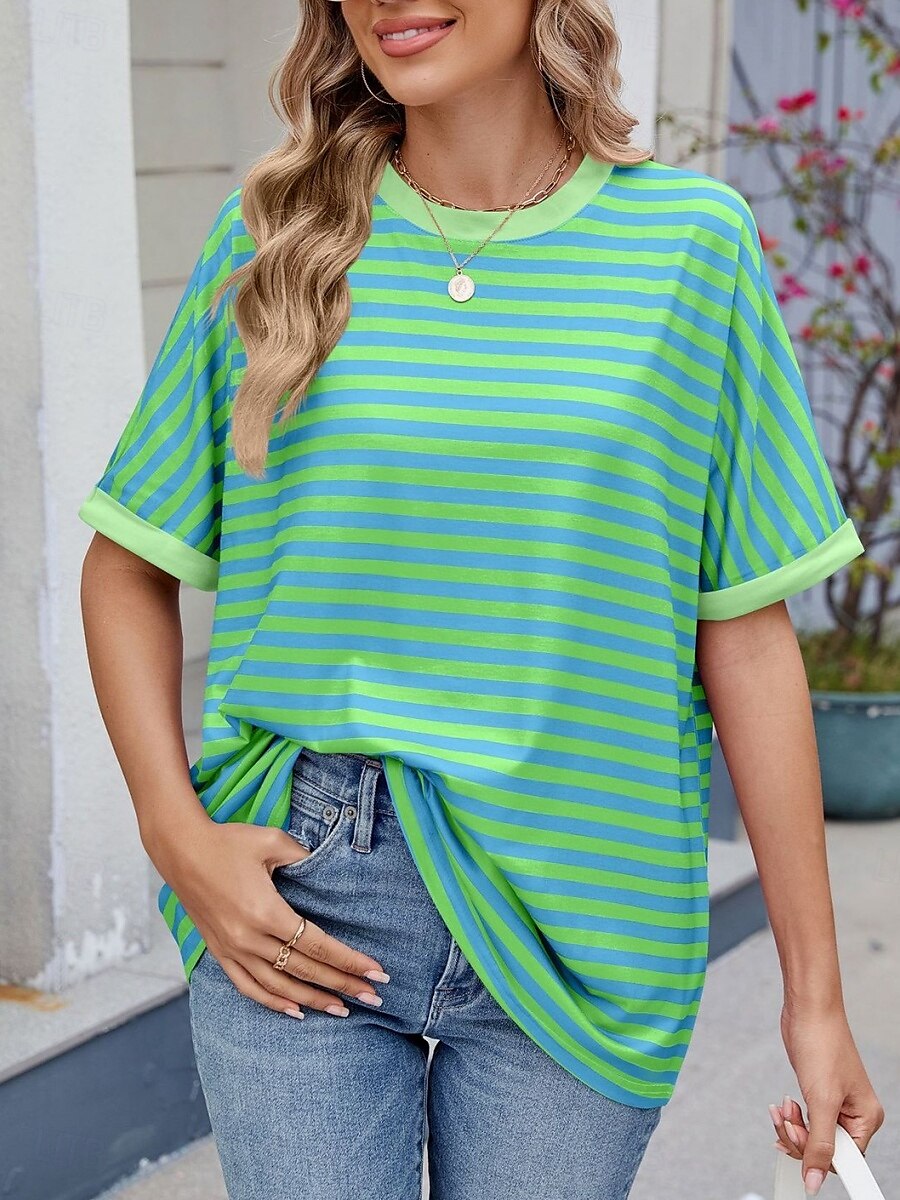 Femmes T-shirt Rayé Mode Élégant Moderne Manche Courte Col ras du cou Hauts Réguliers Quotidien Week-end Imprimé Noir Rouge Bleu Vert Été de 2025 ? $16.99 –P16