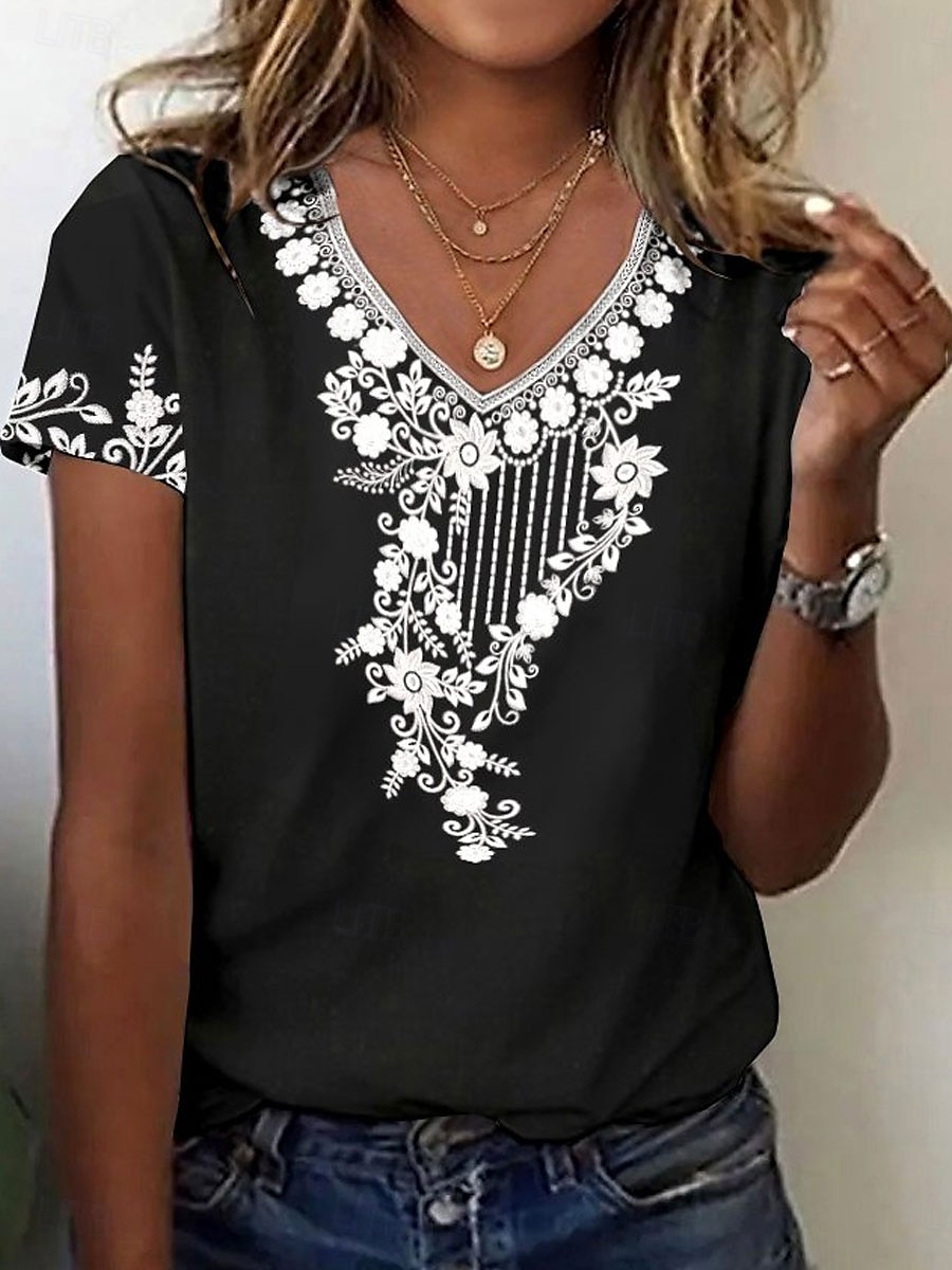 Femmes T-shirt Fleuri Graphique Plantes ancien Élégant Classique Manche Courte Col en V Hauts Réguliers Quotidien Imprimé Noir Vin Vert Été Printemps de 2025 ? $19.99 –P1