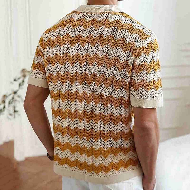 Férfi Button Up Polos Golfing Hétköznapi Sport Hajtóka Rövid ujjú Divat Alap Vonalak / hullámok Gombok Nyár Sárga Kék Barna Button Up Polos 2025 - €26.36 –P6