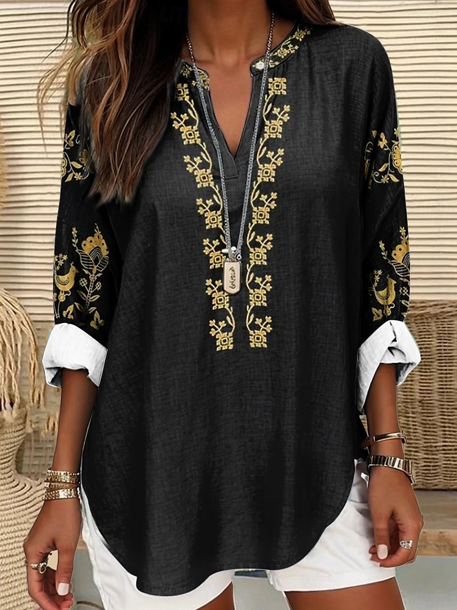 Γυναικείο Τοπ Μπλούζα Λινάρενο Ανάλαφρο Ελαφρύ Τουνίκ V Πλευρό Μακριά Μανίκια Μποχό Καθημερινό Λουλούδι Γραφικό Βιντάζ Τροπικό Κανονικά Τοπ Καθημερινά Ρούχα Διακοπών Τύπωμα Μαύρο Μπλέ Χακί 2026 - $32.99 –P1