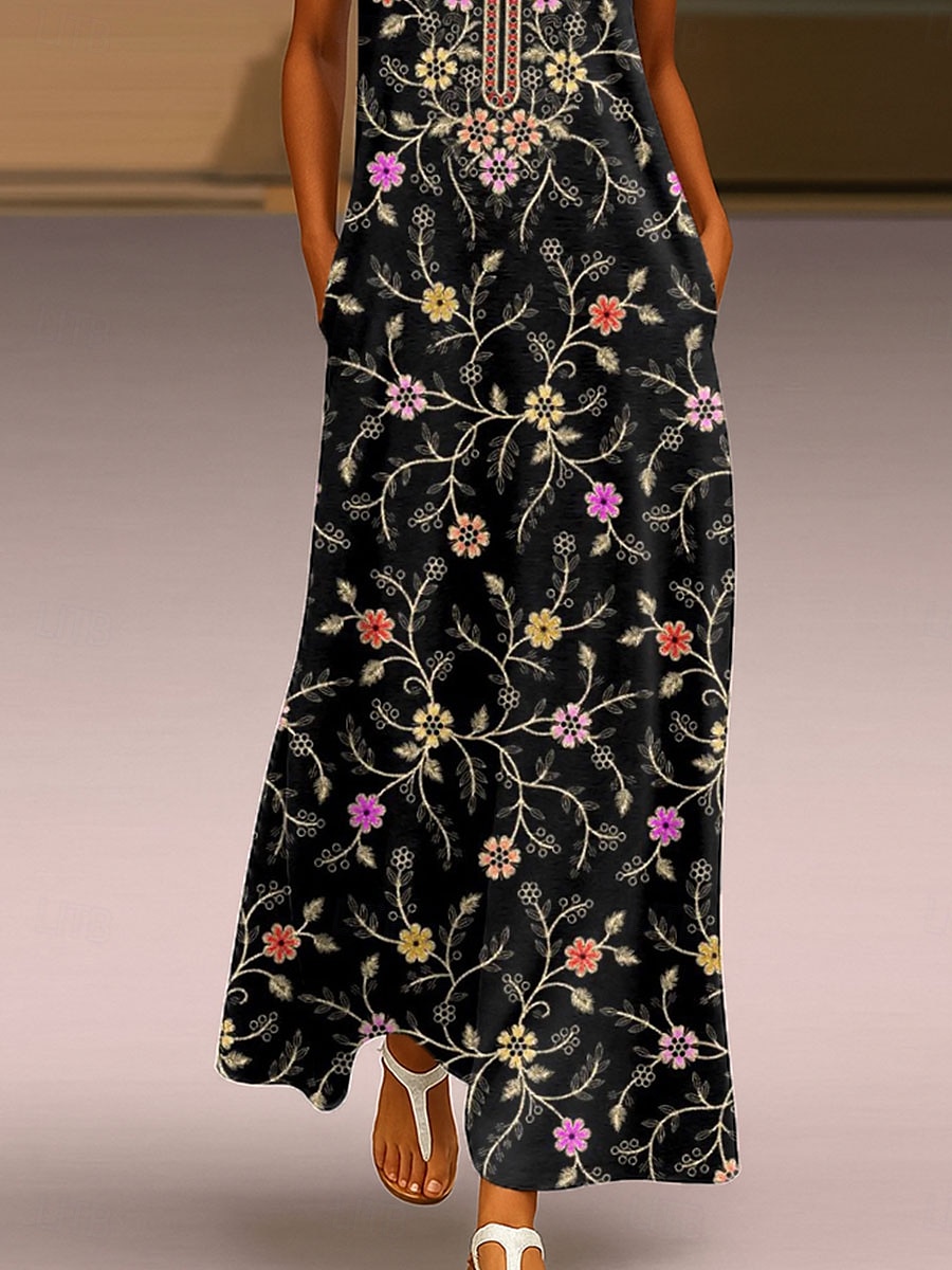 Damen Maxikleid Sommerkleid A Linie Kleid Urlaub Lässig Boho Täglich Ferien Normale Passform Blumen Grafik Ärmellos V Ausschnitt Schwarz Sommer 2025 - $36.99 –P3
