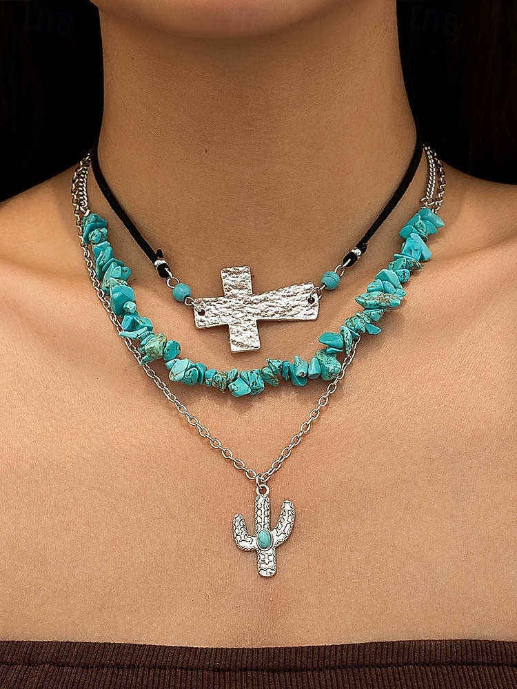 Women's Western Layered Turquoise Beaded Necklace Set – Boho Statement Jewelry with Cactus & Teardrop Charms, Ideal for Festivals, Country Concerts and Casual Wear 2025 - GBP £7.27 –P6