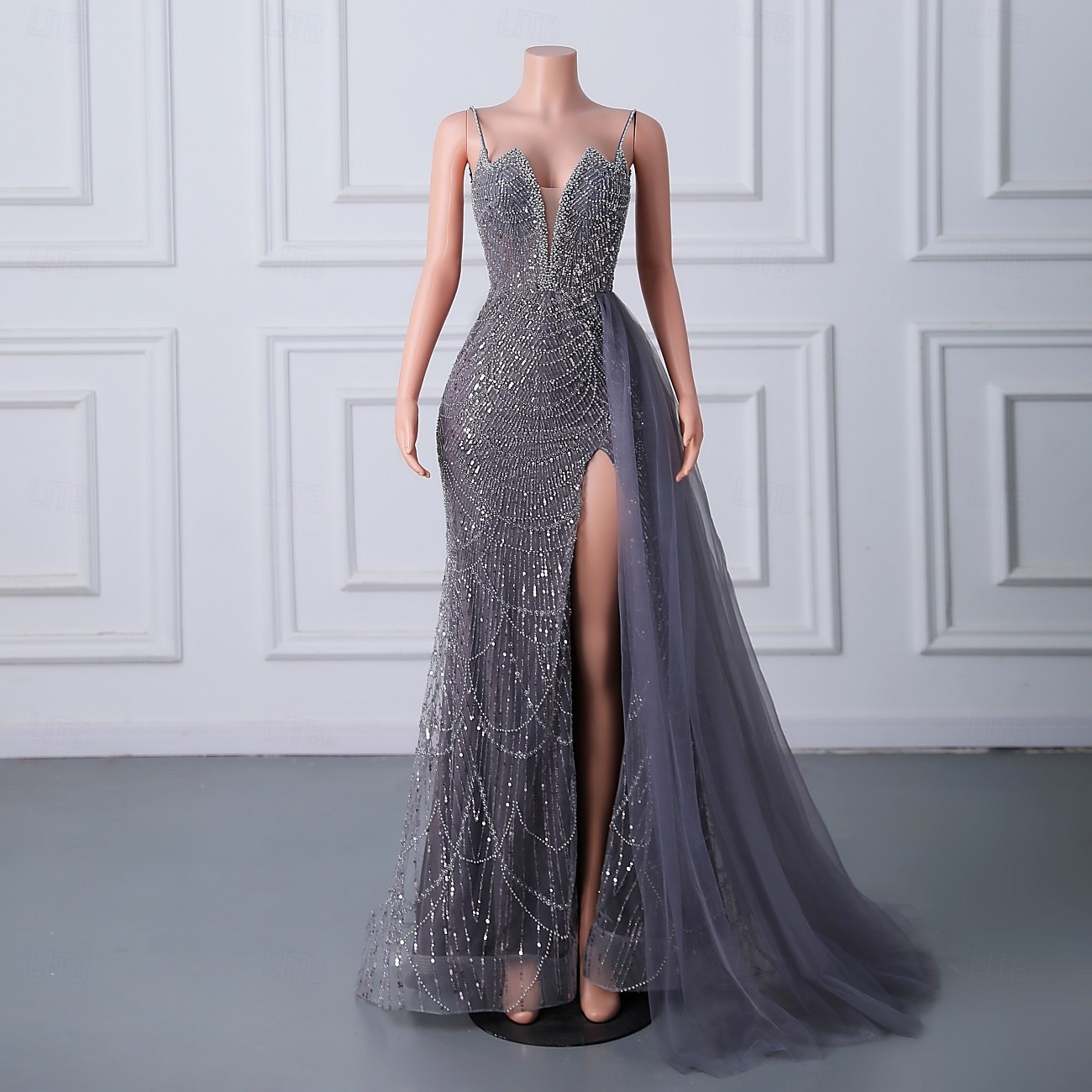 Sereia  Vestido de Noite Trompete Vestido Elegante Festa de Gala Traje de Corte Sem Mangas Alças Finas Com Lantejoulas e Pérolas de 2025 por $297.99 –P5