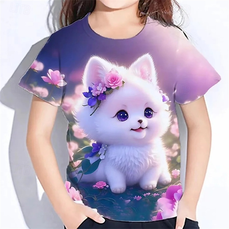 Fille 3D Chat T-shirt Manche Courte Été Printemps Mode Basique Enfants 4-12 ans Col Rond Extérieur Occasionnel Quotidien Coupe régulière de 2025 ? $11.99 –P1