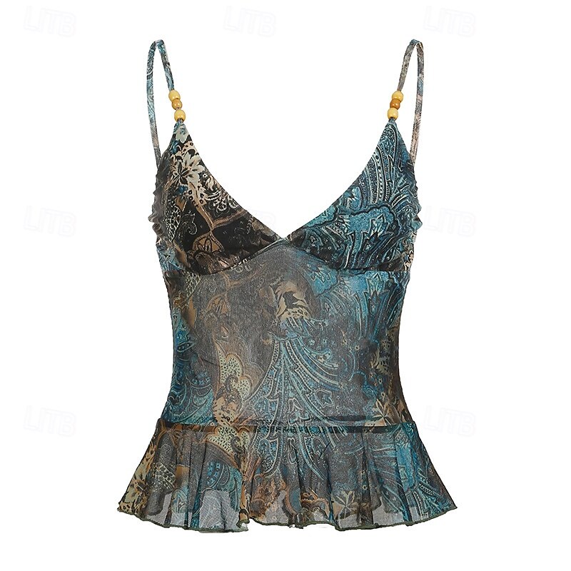 Dame Boho skjorte Bluse Blomsternål i krystall Moderne Bohem Ermeløs Med stropper Vanlige topper Daglig Ferie Ut på byen Trykt mønster Grønn Sommer 2025 - $16.99 –P2