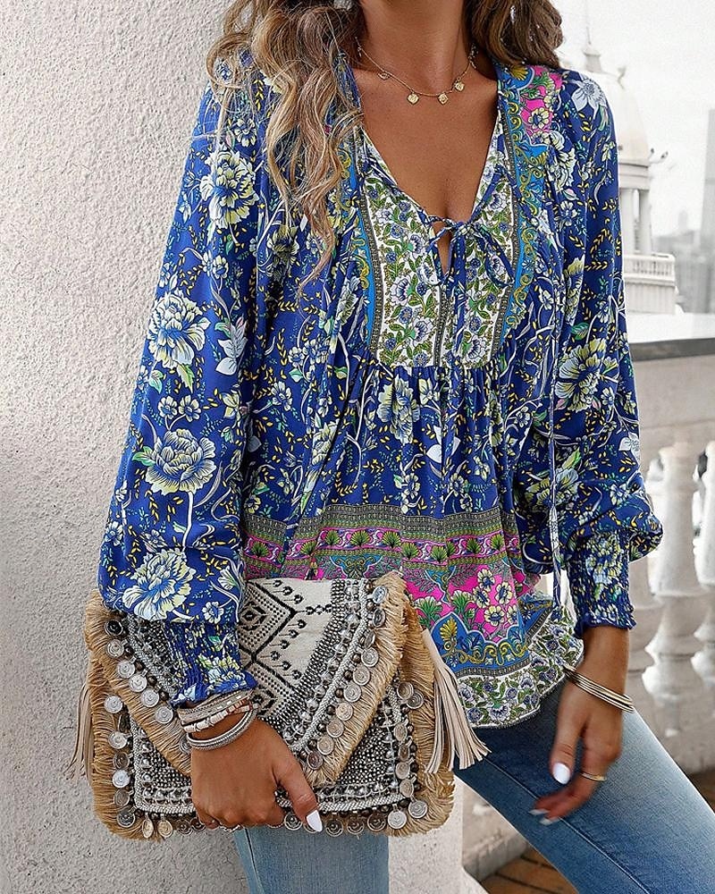 Damen Hemd Boho-Hemd Sommeroberteile Blume Täglich Stilvoll Lässig Langarm V Ausschnitt Normale Oberteile Arbeit Täglich Ferien Druck Rosa Marineblau Blau Frühling Herbst 2025 - $22.99 –P10