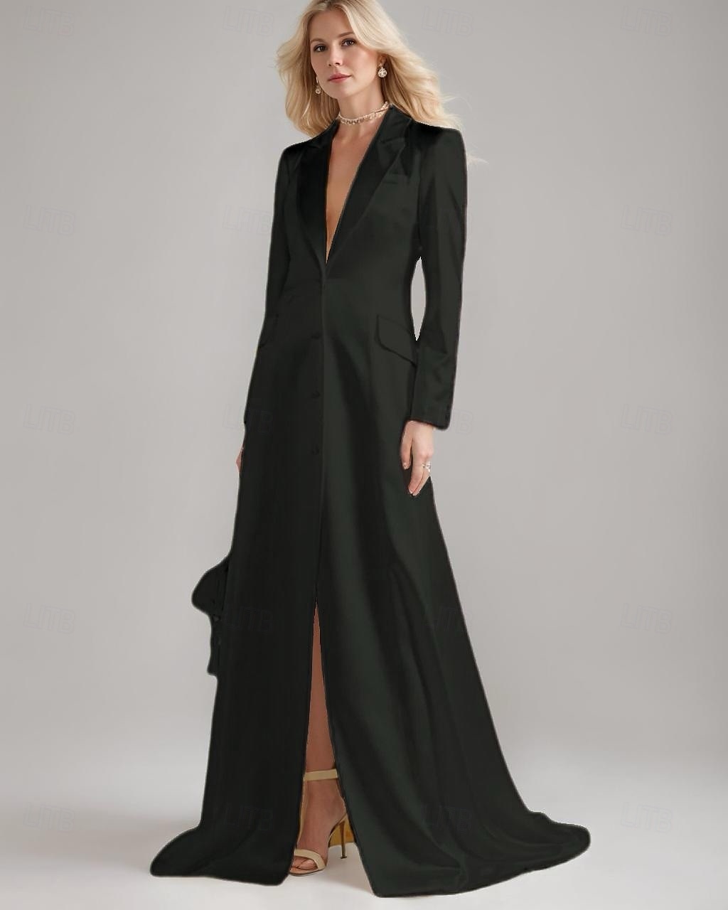Blazer Kleid A-Linie Brautmutterkleid Smokingkleid Elegant Einfach Luxuriös V-Ausschnitt Mit Revers Bodenlang Satin Langarm mit Falten 2025 - $159.99 –P5