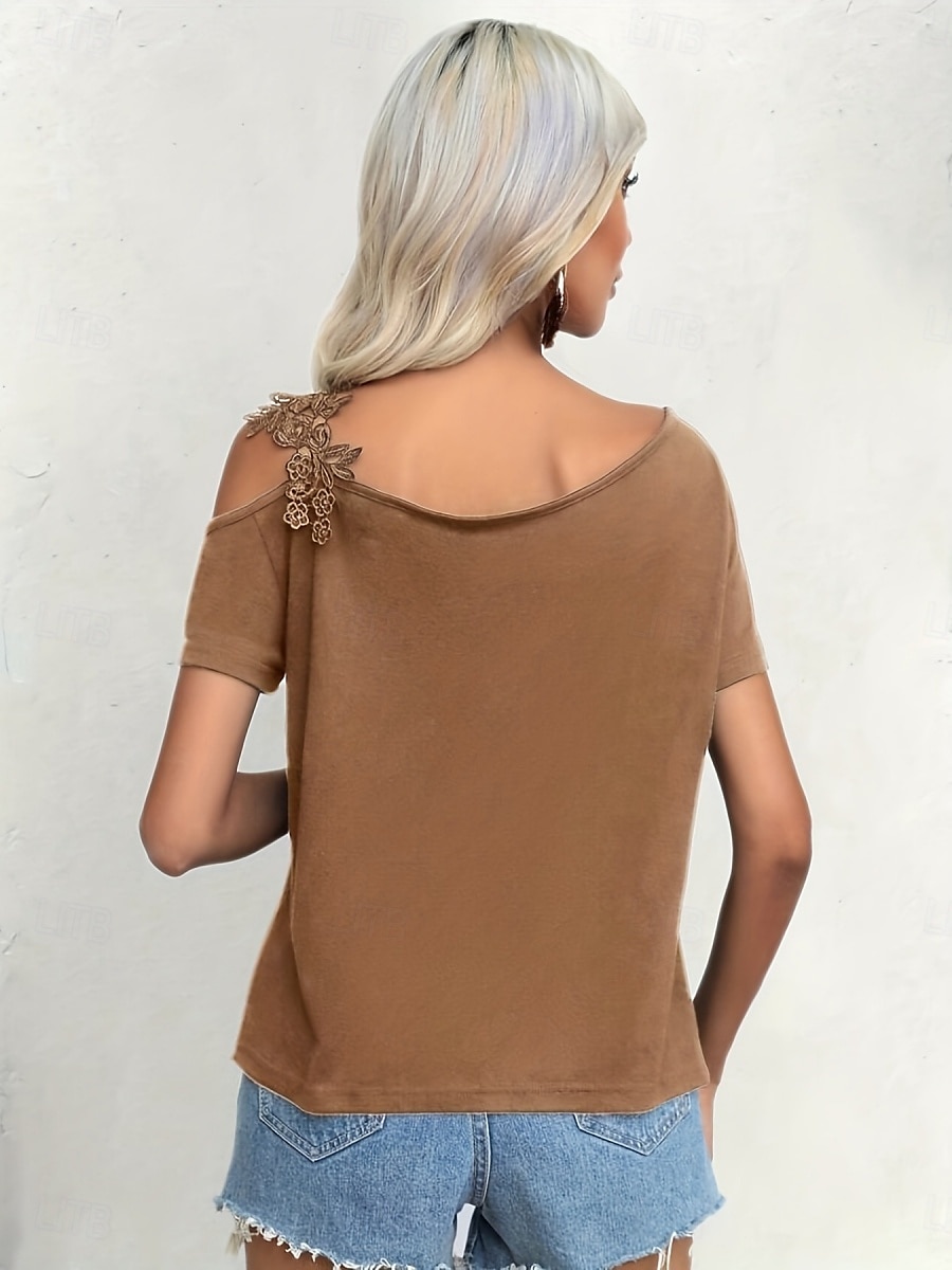 Damen T Shirt Einfach Mode Modern Lässig Kurzarm V Ausschnitt Normale Oberteile Täglich Wochenende Patchwork Bestickt Schwarz Weiß Braun Grün Sommer Frühling 2025 - GBP £15 –P15