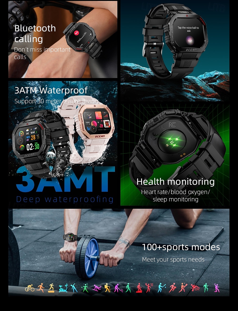 LOKMAT OCEAN GT Умные часы 1.75 дюймовый Смарт Часы Bluetooth Педометр Напоминание о звонке Датчик для отслеживания сна Совместим с Android iOS Женский Мужчины 2025 - $48.99 –P3