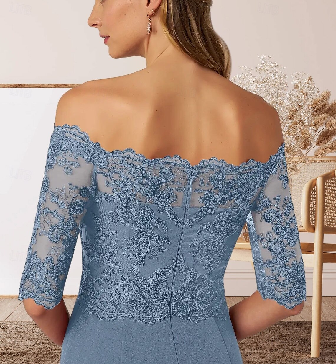 A-Line Mother of the Bride Dress Wedding Guest Elegant Off Shoulder Floor Length Chiffon Half Sleeve with Lace 2025 - $161.99 –P6