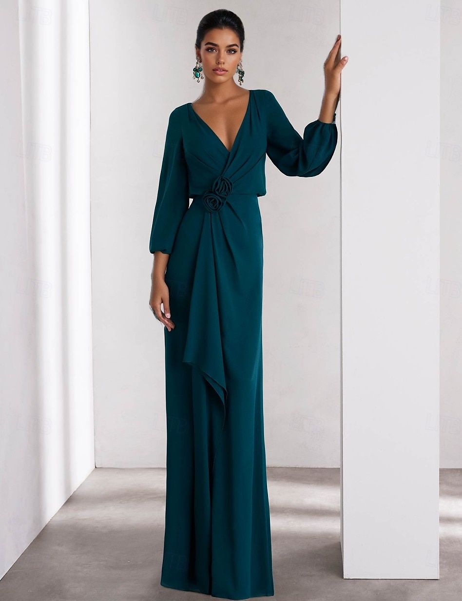 Linea ad A Abito da Sera Elegante Vestito Formale Matrimonio Lunghezza al pavimento Manica Lunga Scollo a V Crepe Elasticizzato con Volant 2025 del 2025 a $137.99 –P1