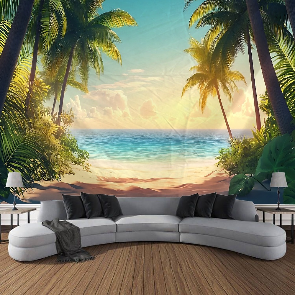 strand hav kokospalmer havutsikt soloppgang landskap billedvev dekorativ kunst teppe gardin hengende hjem soverom stue dekorasjon 2025 - $14.99 –P7